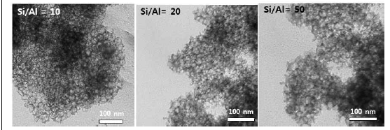 산점이 조절된 메조다공성 알루미노실리케이트의 투과 전자현미경 이미지