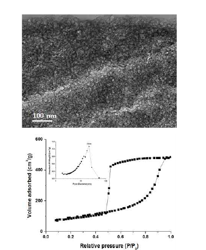 메조다공성 알루미노실리케이트 입자의 투과 전자현미경 이미지와 질소흡착 분석 데이터