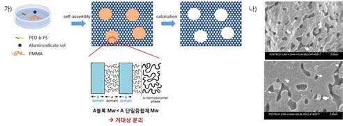 가) 매크로-메조 계층형 다공성 소재의 합성 개형도. 나) 매크로-메조 계층형 다공성 소재의 주사전자현미경 분석