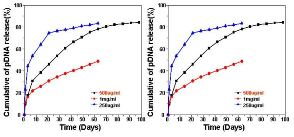 PCL 구형입자/PLGA 복합재료에서의 plasmid DNA 방출 거동.