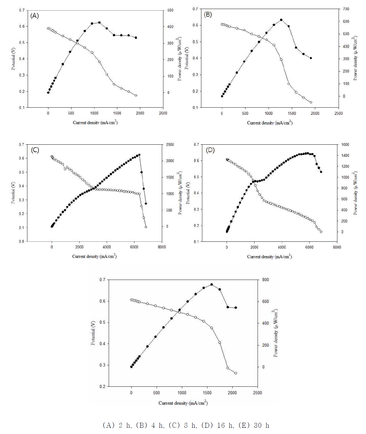 효소 고정화 시간에 따른 최대 전력밀도 측정