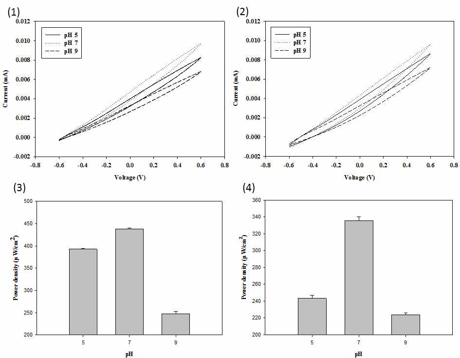 pH에 따른 순환 전압-전류법 및 전력밀도