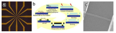 (a) FET 소자의 mask layout (b) 소자 공정 개략도 (c) FET 소자의 주사전자현미경 사진