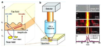 FSL 이미징 방법의 모식도와 50nm 너비와 70nm간격을 갖는 Cr 나노슬릿의 이미지