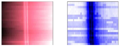 폭 500nm를 갖는 더블 블록(좌)의 표면 이미지와 동시에 얻어낸 광음향 이미지(우)