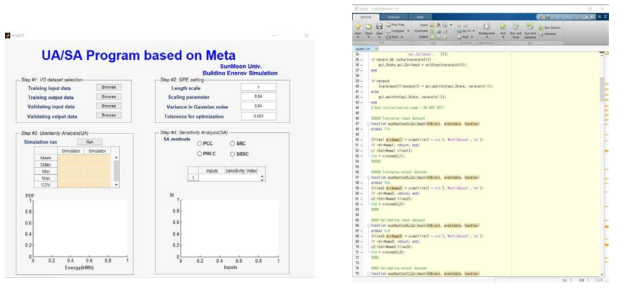 메타모델 기반의 불확실성 및 민감도 자동화 툴(왼쪽)과 코딩화면(오른쪽)