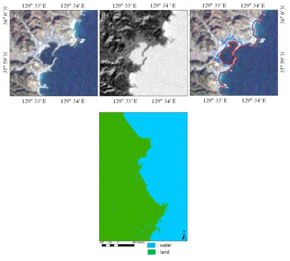 NDWI 영상으로부터 이진화 기법을 이용하여 추출한 해안선