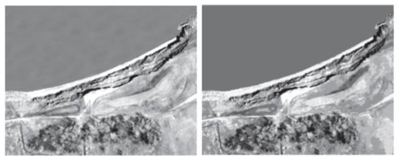 주어진 항공사진(왼쪽)과 Mean-Shift Segmentation 적용 결과(오른쪽)
