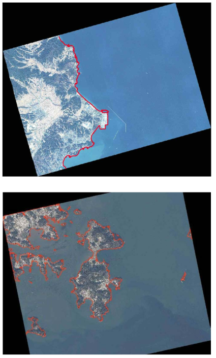 해안선 자동매핑 시스템을 우리나라 다양한 해안지역의 아리랑 위성영상에 적용하여 추출한 해안선 결과