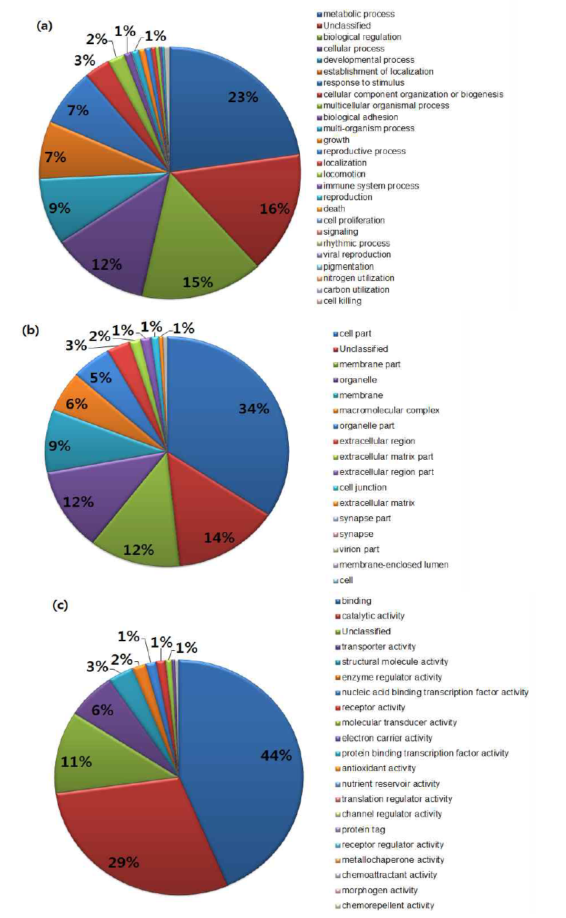 GO분석에서 (a) Biological process, (b) Cellular component, (c) Molecular function 대한 하위 항목