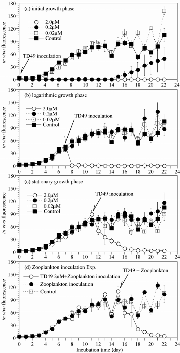 Growth of Heterosigma akashiwo at lag, logarithmic and stationary growth phase in cultures inoculated with concentration levels (0.02, 0.2 and 2 μM) of TD49 substance.