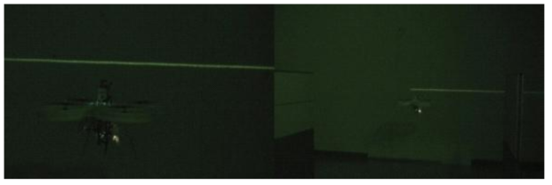 LiDAR를 이용한 상대위치 측정 (적외선 카메라를 이용하여 촬영, 사진의 밝은 선이 레이저 펄스)