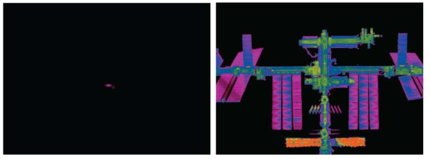 Thermal imagery of the International Space Station(ISS) at 43km (left) and 200m (right)