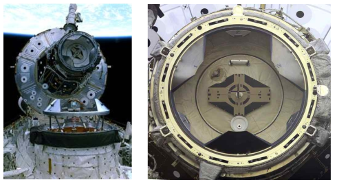 Pressurized mating adapter (PMA) and Androgynous Peripheral Attach System (APAS) in the USA section of the ISS(left), Visual marker on the PMA (right)