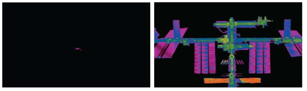 Thermal imagery of the ISS at 43km (left) and 200m (right)