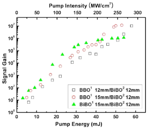 BBO 결정과 BiBO 결정을 혼합하여 사용한 증폭 이득