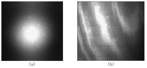 (a) 532nm 연속레이저를 이용한 핀홀 CCD영상, (b) 1064nm 펄스레이저를 이용한 필홀 CCD영상.