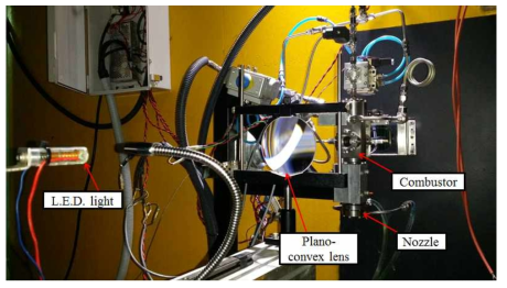 축소형 가시화 연소기의 연소 유동장 shadowgraph 가시화 실험 셋업 사진