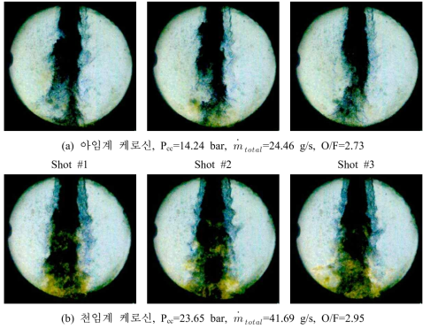 아임계 및 천임계 케로신 조건에서 연소분무의 shadowgraph 가시화 이미지