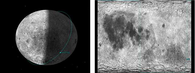 탐사선 달 궤도 (좌), 궤도 그라운드 플롯 (우)