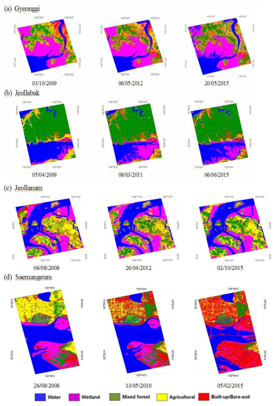 4개 연구 지역에 대한 LULC 맵의 시계열 변화 ((a)경기인천 대부도 갯벌, (b)전북 곰소만 갯벌, (c)전남 증도 갯벌, (d)새만금 일대)