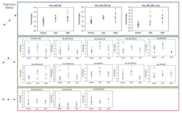 Validation of miRNAs by TaqMan RT-PCR and three miRNAs (miR-421, miR-29b-1-5p, miR-27b-5p) were selected the continually upregulated from normal to low-/high-grade dysplasia