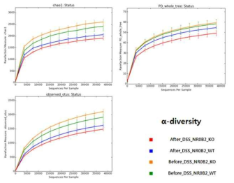 야생형과 NR0B2 유전자 결손 마우스에서의 DSS 처리 전과 후의 rarefaction curve
