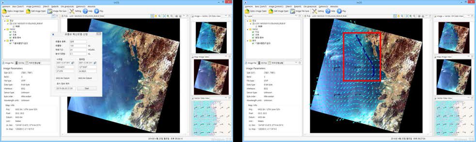 알고리즘 처리 결과 표출 GUI; (좌) 사용자 파라미터 입력창, (우) 알고리즘 처리 결과