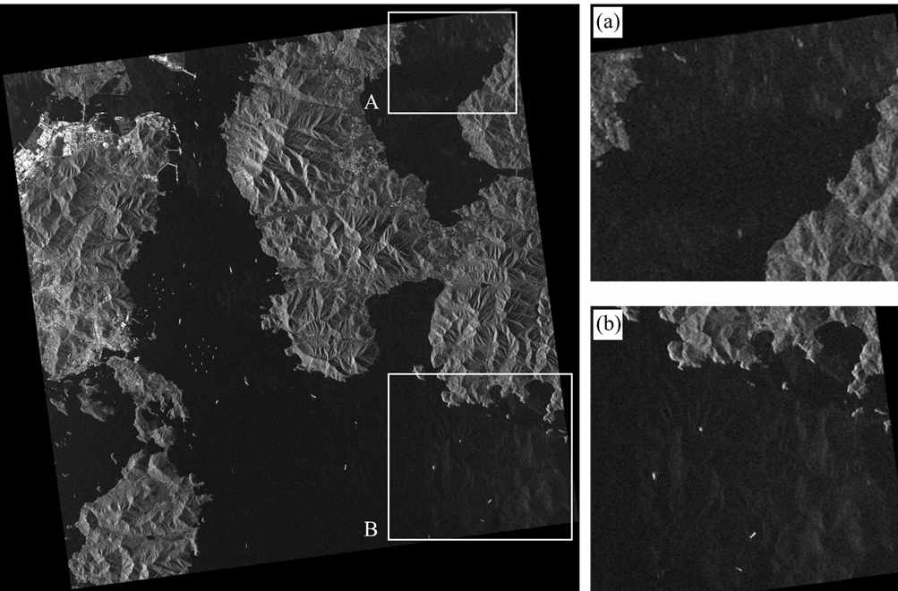 본 연구에 사용된 KOMPSAT-5(2017.7.1.) 영상, (a) 영상 노이즈 성분, (b) 바다 위에 떠있는 육지의 고스트 현상