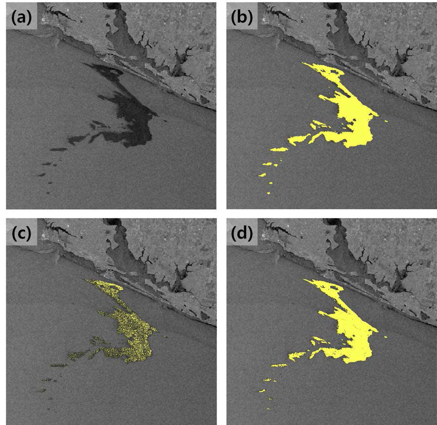 (a) NL-means 필터를 적용한 강도 영상 (b) 육안분석을 통해 획득된 검증 자료 (c) NL-means 필터를 적용하지 않은 영상을 이용해 제작된 오일스필 추정 영역 (d) NL-means 필터를 적용한 영상을 이용해 제작된 오일스필 추정 영역