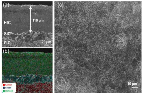 C/SiC 표면에 HfC 코팅 후 단면