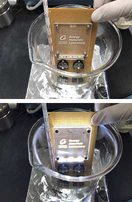 60 °C로 가열된 증류수 분위기 LED 기판 작동 test