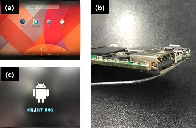 (a) 실란처리 시편의 구동화면, (b) 실란처리 후 부식된 무선 통신 dongle (c) 실란처리 시편의 구동화면