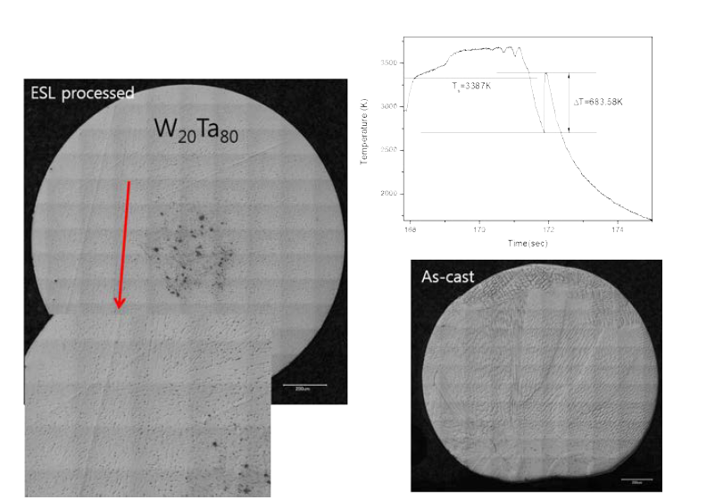 W20Ta80의 ESL에서 용융 후 미세구조 및 as-cast 시료의 미세구조.