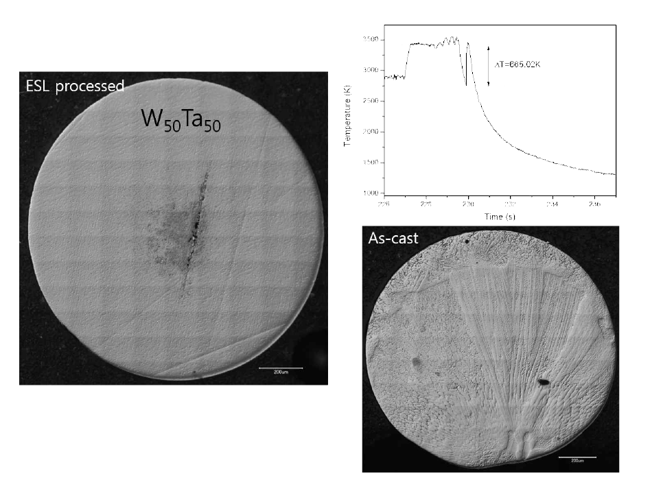 W50Ta50의 ESL에서 용융 후 결정화된 시료의 미세구조.
