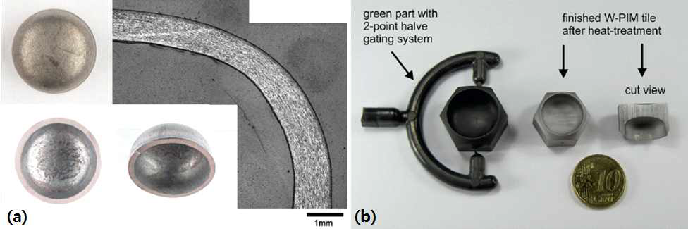 (a) 판상 텅스텐의 인발을 통해서 제조된 thimble의 형상과 단면 미세구조, (b) PIM법을 이용하여 제조된 W armour tiles.
