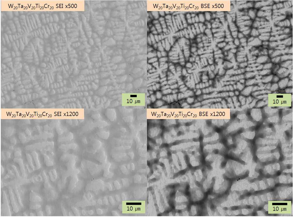 W20Ta20V20Ti20Cr20 합금 시편의 배율과 관찰 모드에 따른 FE-SEM 이미지.