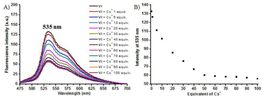 리간드 Ⅵ 수용액에 세슘 이온의 양을 증가시키면서 첨가 하였을 때 형광 스펙 트럼 (A). 리간드 Ⅵ 수용액에 세슘 이온의 양을 증가시키면서 첨가 하였을 때 535 nm에서 형광 세기를 도시한 그래프 (B).
