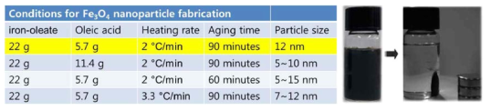 Fe3O4 나노입자의 최적조건 탐색(표) 및 Fe3O4 나노입자의 자성 확인(그림).
