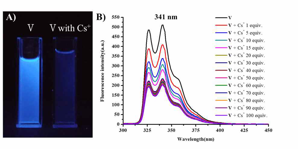 리간드 Ⅴ 수용액과 Cs+를 첨가한 수용액의 형광 차이를 나타낸 사진 (A)과 리간드 Ⅴ수용액에 세슘 이온의 양을 증가시키면서 첨가 하였을 때의 형광 스펙트럼 변화 (B).