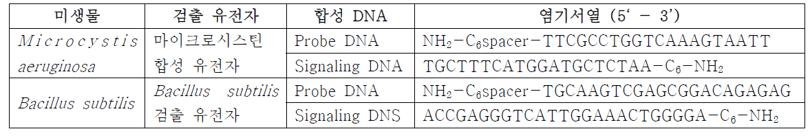 나노진 센서에 부착한 probe & signaling DNA 염기 서열 정보