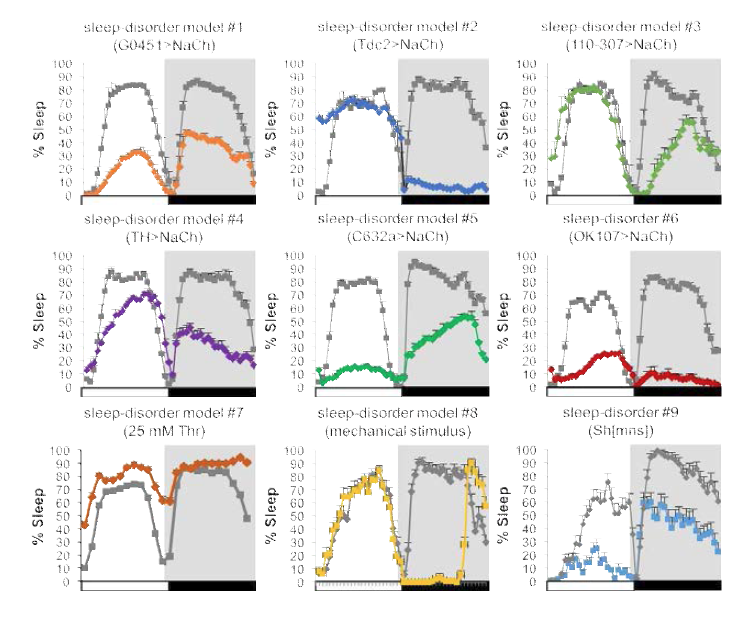 본 연구과제의 수행을 통해 확립된 9가지 대표적인 수면장 애 동물모델의 24시간 수면 프로파 일.