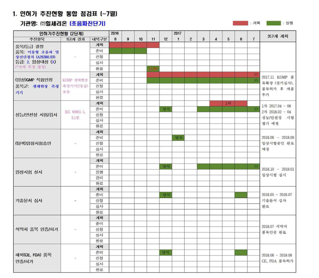 Handheld 초음파 진단기의 인허가 추진현황 관리표