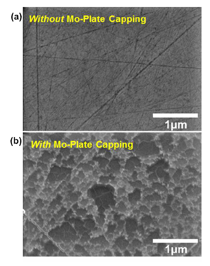 900℃ 초고진공 환경에서 (a) Mo-Plate Capping을 사용하지 않은 샘플의 SEM image와 (b) Mo-Plate Capping을 사용한 샘플의 SEM image