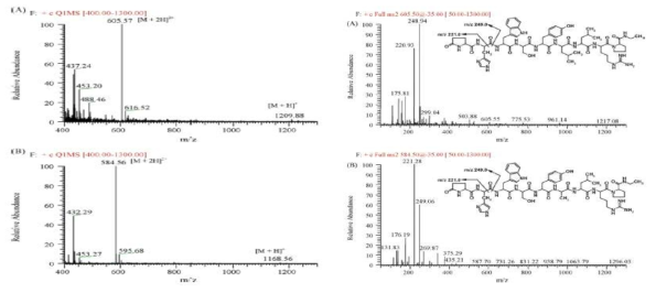 Full-scan mass spectra of leuprolide (A) and alarelin (B)와 Product ion mass spectra of [M+2H]2+ ion of leuprolide (A) and alarelin (B)