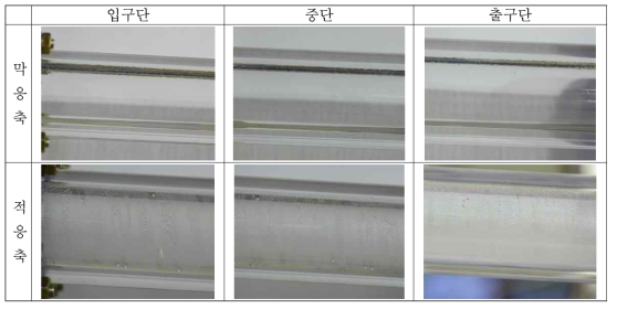 막응축(일반 보로실리케이트 관)과 적응축(테플론 코팅된 보로실리케이트관) 가시화 결과 비교