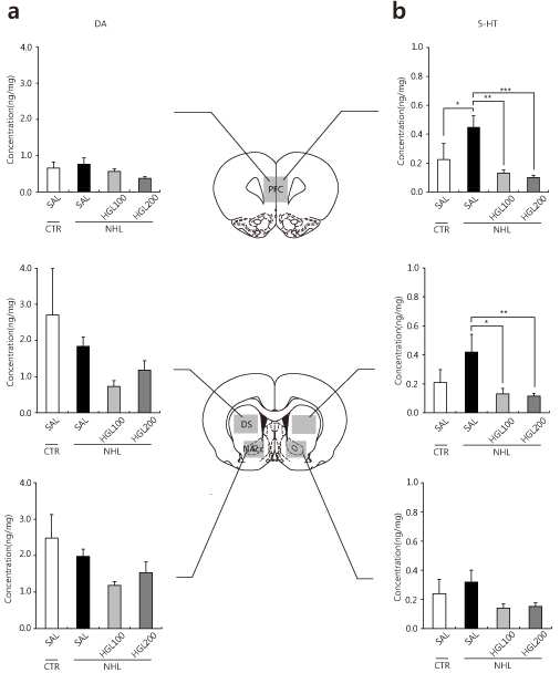 Effects of HGL on NHL-induced alterations of DA and 5-HT concentrations in the prefrontal cortex, dorsal striatum and nucleus accumbens.