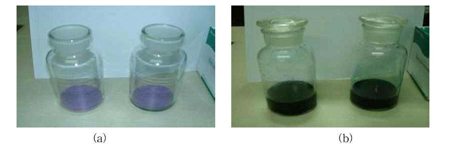 (a) 수분을 제거한 후의 분말 상태의 염화코발트, (b) 메틸 알코올에 용해된 염화코발트의 모습