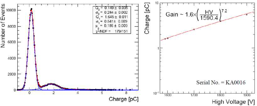 Single photoelectron charge distribution (left), PMT gain curve (right)