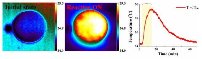 열화상카메라를 통해 관측한 캡슐에 의한 발열반응이 발생하는 저온 조건 (상변이 물질의 어는점보다 온도가 낮을 때 T<Tm, 반응 ON)